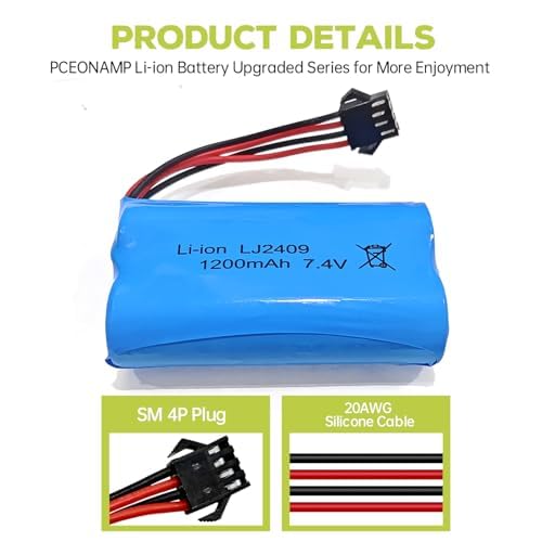 2PCS 7.4V 1200mAh SM-4P Plug Batteries with USB Charging Cable for EC08 RC Toy Car Model Off-Road Vehicle Hill Climbing Drift Racer Remote Control Boa