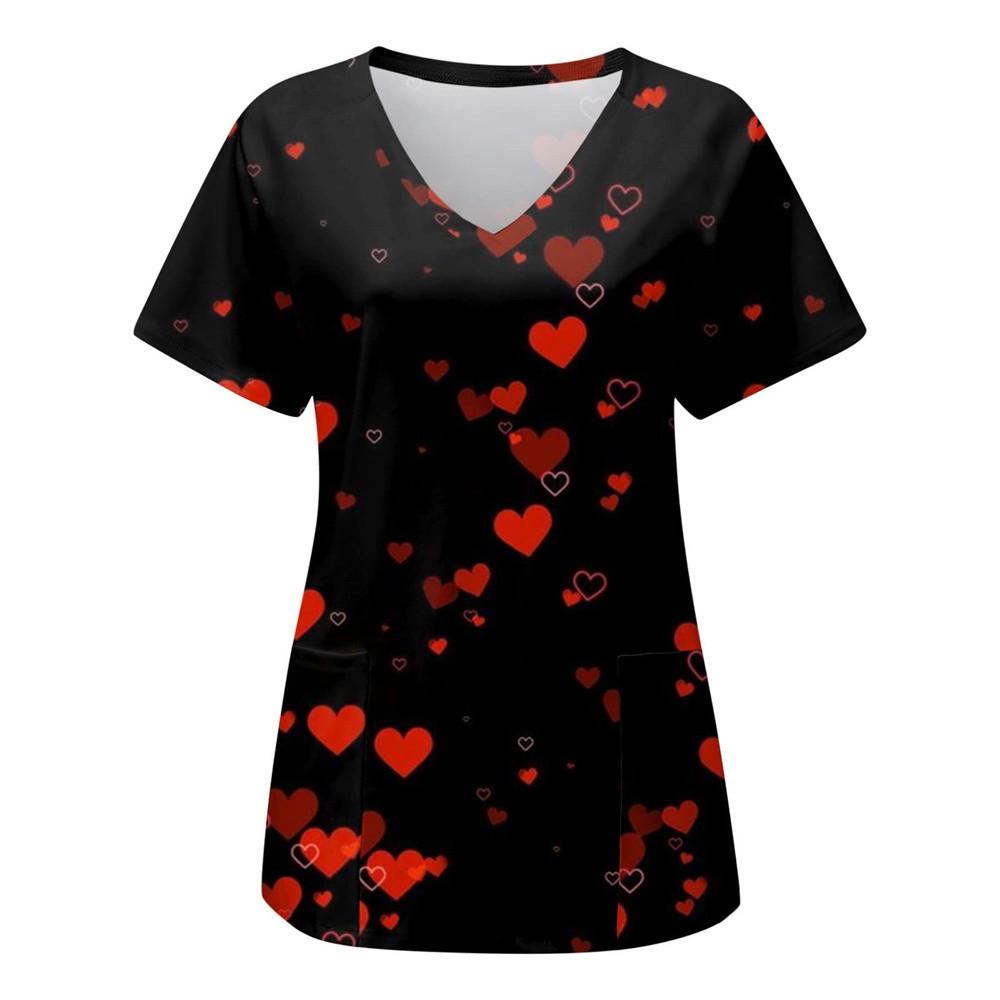 Women's T-shirt V-neck Nurse Uniform Casual Short Sleeved Women's Printed Heart T-shirt