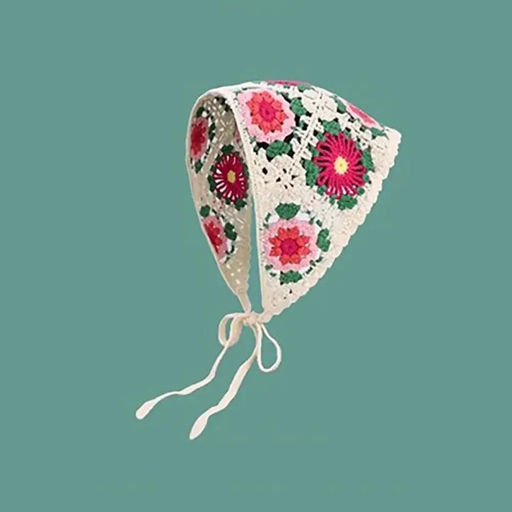 1Pc Knitted Triangle Headband French Pastoral Style Headscarf Hat Little Flower Handmade Crochet Headband Towel Spring Summer