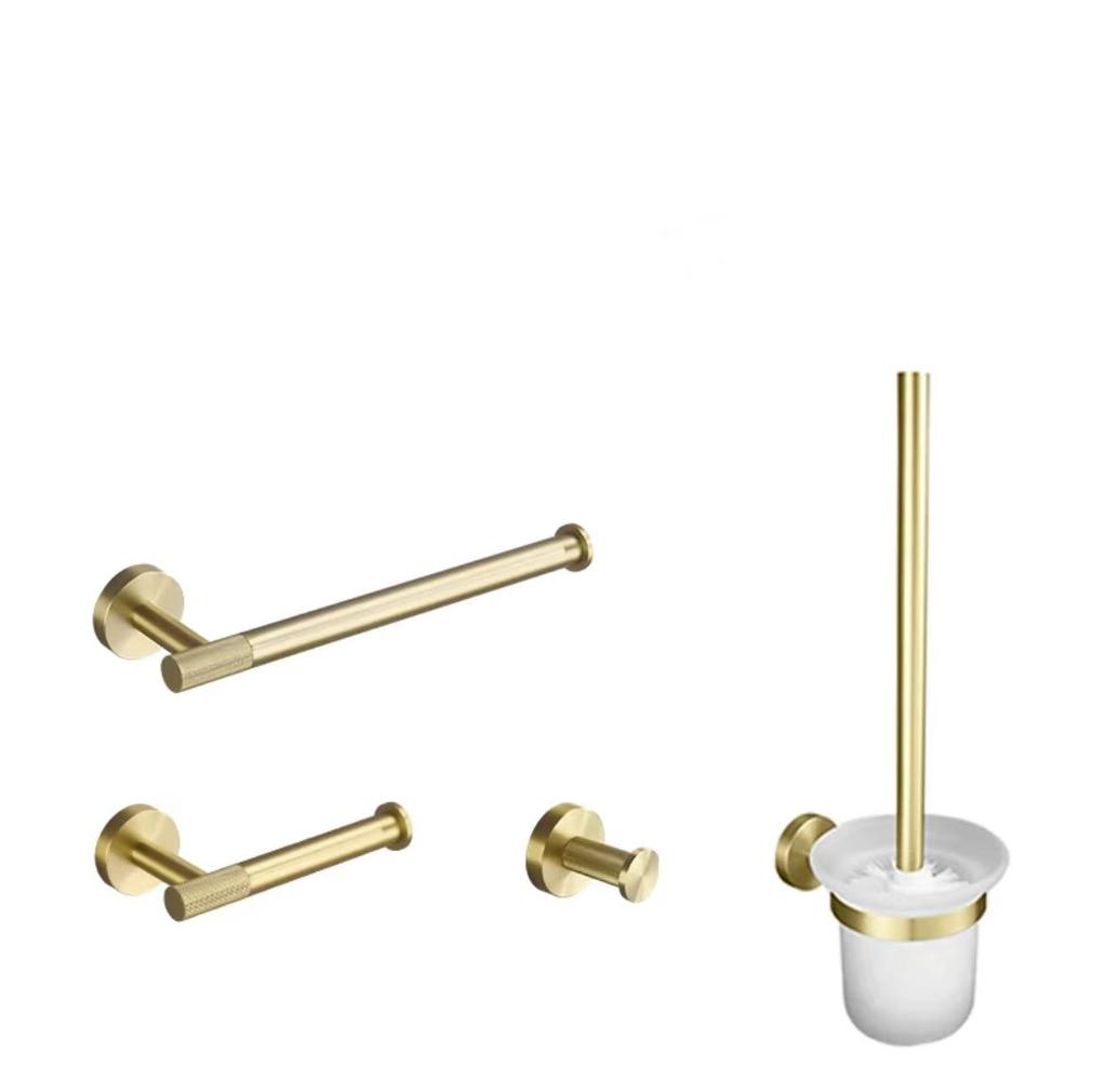Brushed Gold Knurled Brass Bathroom Hardware Accessories Set Kit Toilet Brush Towel Bar Ring Robe Hook Paper Holder Towel Ring