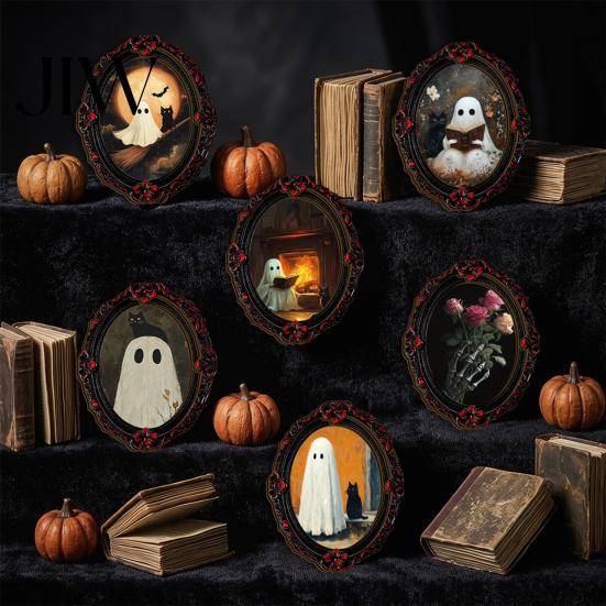 Vintage Style Seasonal Ornaments Halloween Wooden Refrigerator Magnets, Gothic Oval Frame Fridge Magnets with Witch Small Holiday Souvenirs