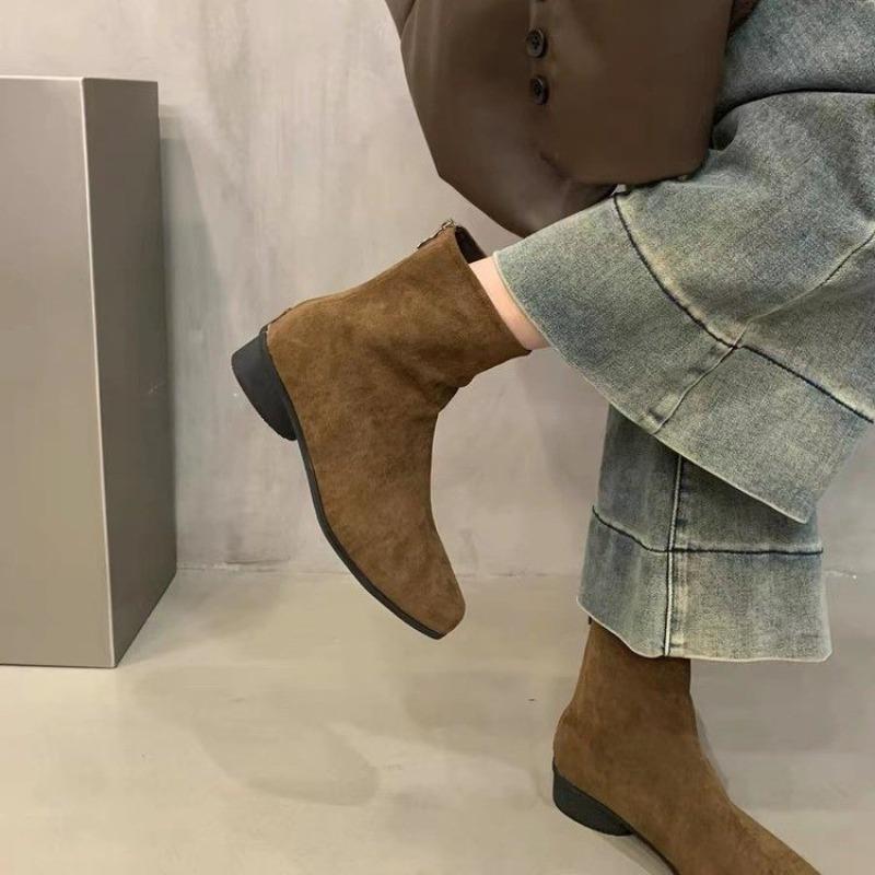Autumn and Winter New Solid Color Velvet Thin Boots Simple and Versatile Temperament Square Head Short Boots Low Heel Boots Women