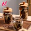 Glass Jar Grains Coffee Bean Tealeaf Storage Containers with Wood Spoon Lid Clear Spice Jar Bottle Kitchen Organizer