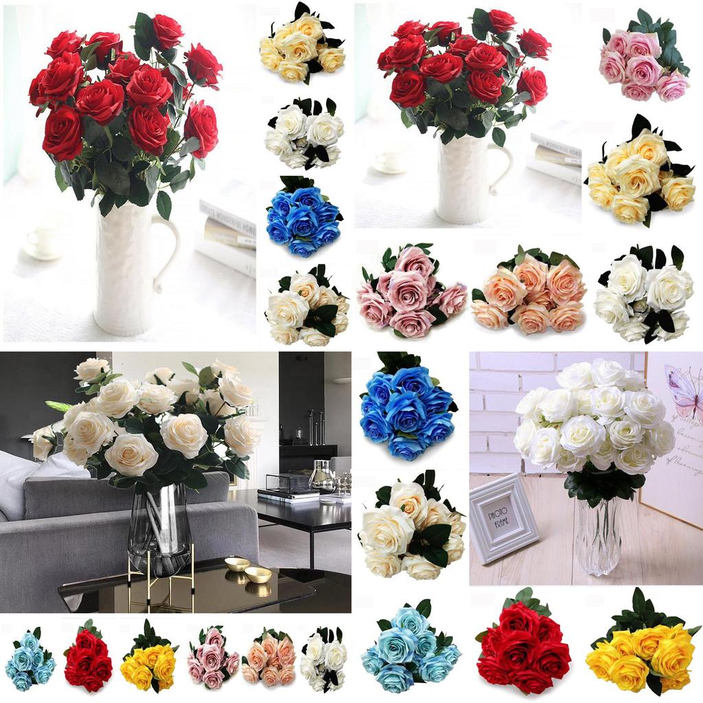 Elegant 10 Heads Silk Rose Artificial Flowers Bouquet For Wedding And Home Decor