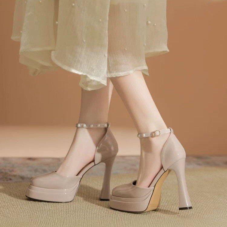 Mary Jane Thick Heel High Heels Female 2025 New Fairy Wind Waterproof Table French Round Head One Word Buckle Belt Single Shoes