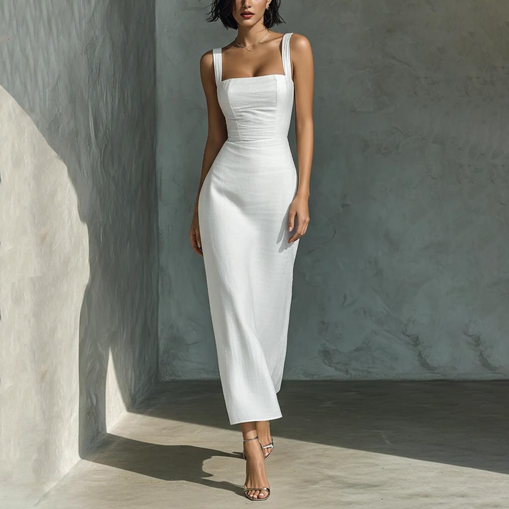 Women's Sleeveless Square Neck Midi Dress Fitted Waist Solid Strap Design Elegant Casual Party Wear for Summer and Spring