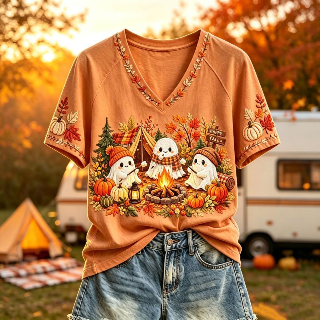 Women's Casual Halloween Print V-Neck Short Sleeve T-Shirt Top for Fall and Daily Wear