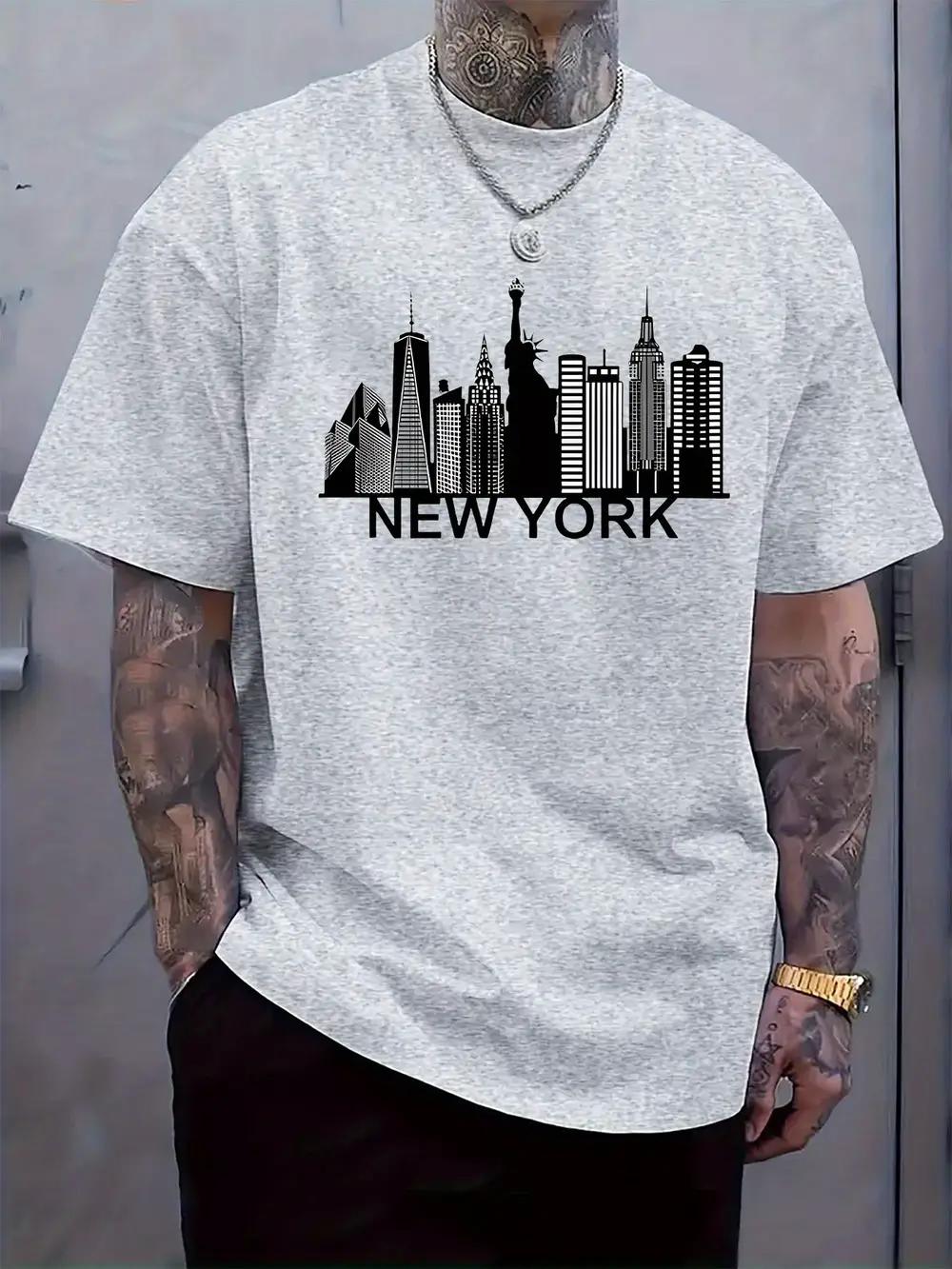 New York City Skyline Graphic T-shirt - Casual Crew Neck Short Sleeve Tee L