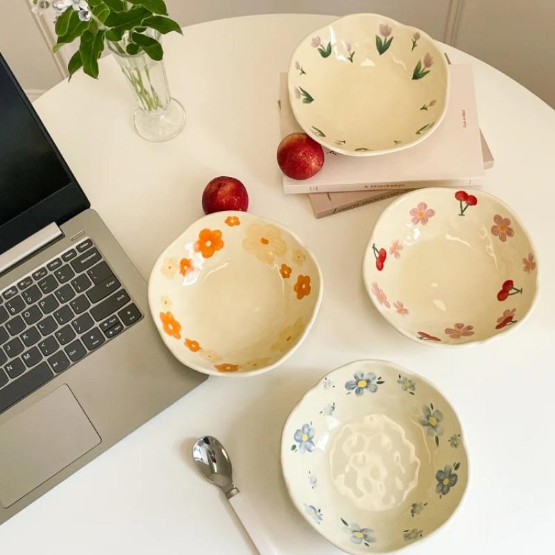 Ceramic Bowl Cream Yellow Handle By Irregularity Dinner Set Plates and Dishes Hand-painted Flowers Salad Yoghurt Breakfast Bowls