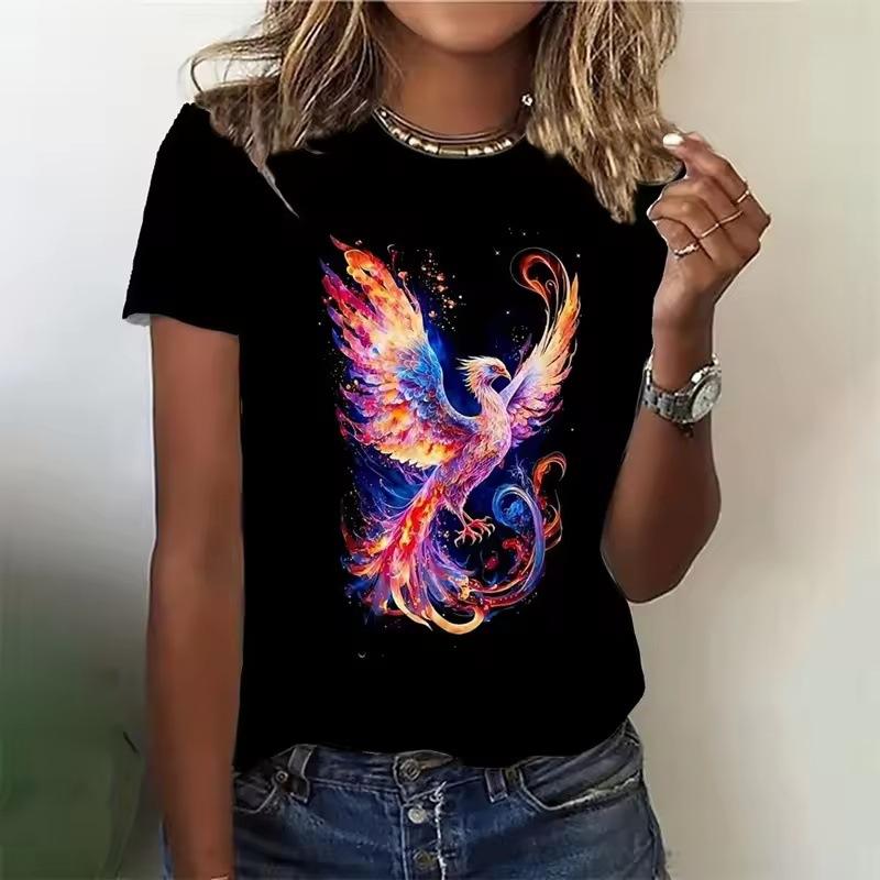 Summer Round Neck 3D Phoenix Pattern Print Top Fashionable Casual Short Sleeved Women's T-shirts