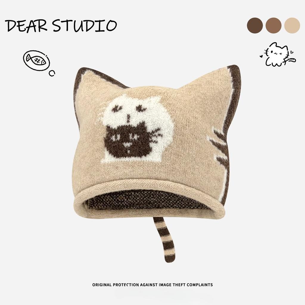 Korean retro jacquard gray cat knitted hat women's autumn and winter 2025 new face small wool hat bag head hat