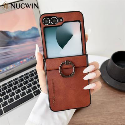 Für Samsung Z Flip 7 FE Leder Fingerring Halter Handyhülle für Galaxy Z Flip 7 6 5 4 3 3in1 Scharnierschutzabdeckung
