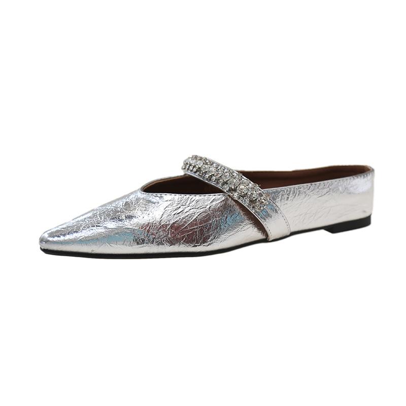 Fashion Womens Slippers with Flat Heel Close Toes Rhinestone Anti Slip Versatile 2025 New Summer PU Multi Colored Flat Bottom Slippers