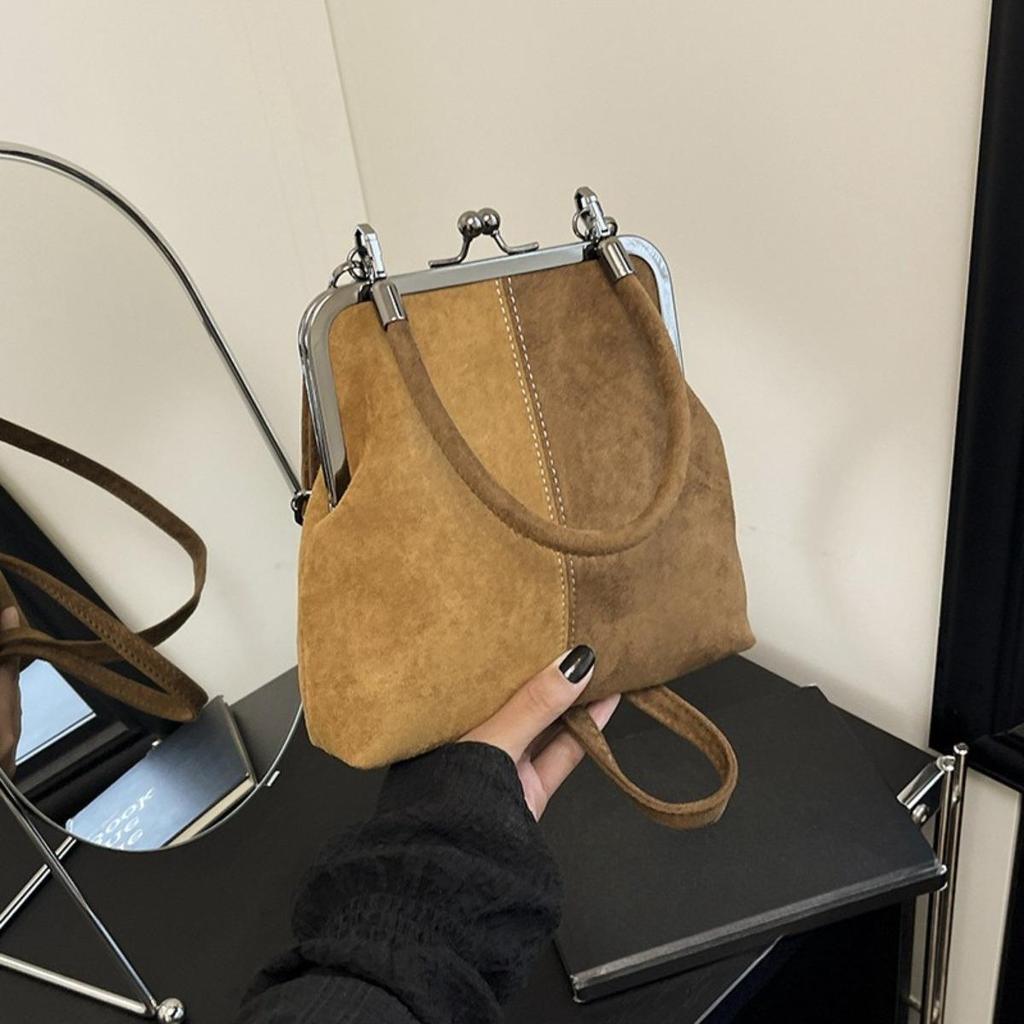 Imitation Suede Women's Retro Crossbody Bag, Elegant Contrasting Color Kiss Lock Shoulder Bag, Detachable Shoulder Strap Small Handbag, Daily Handbag