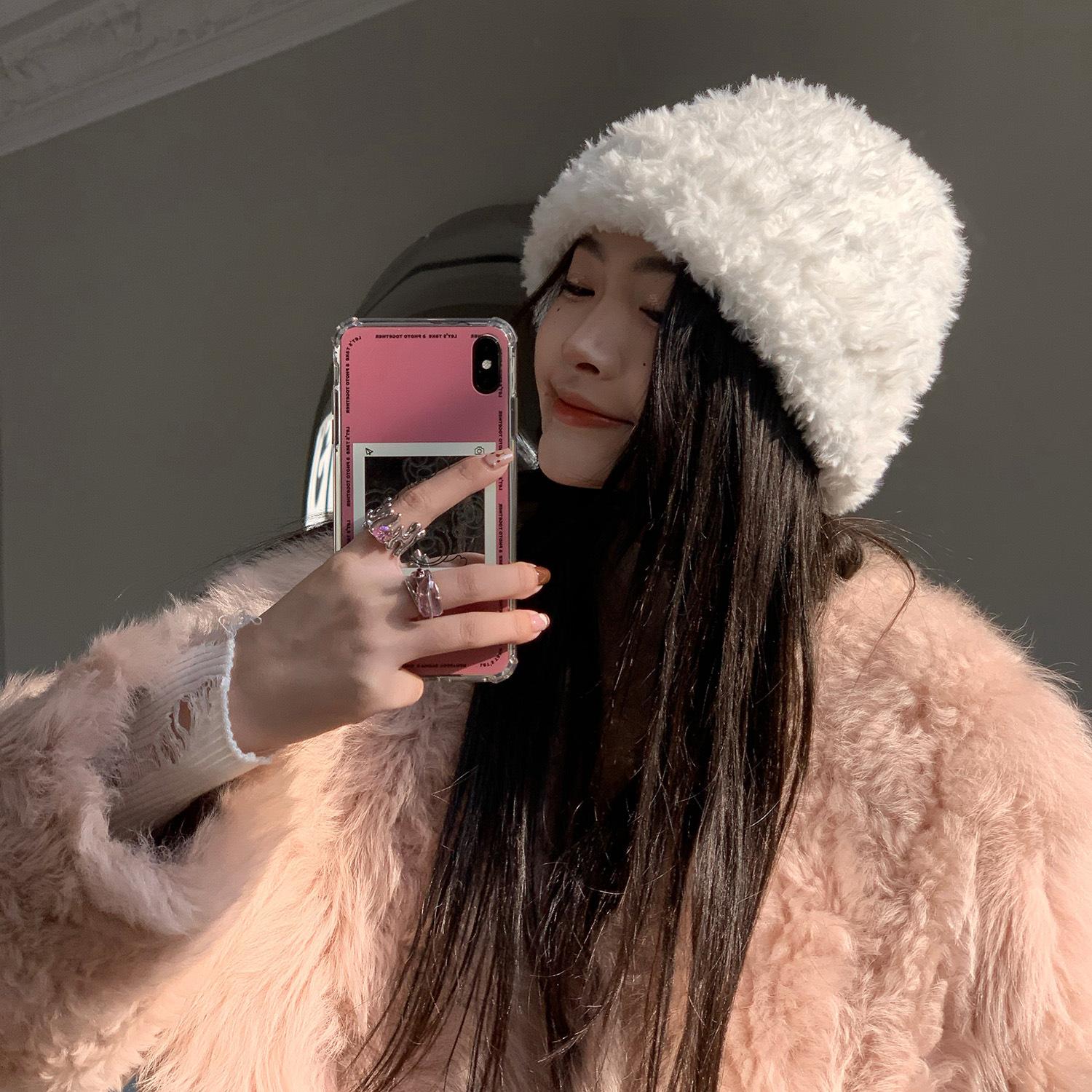 

Plush white versatile plush hat women s winter cute wool knitted hat women s warm ear protector cold hat M（56-58cm） білий