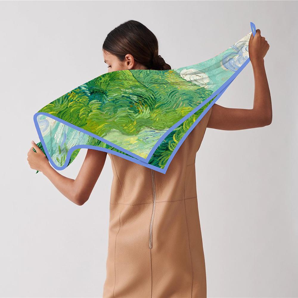 New Design Shawl Green Field Printed Silk Scarf Square Scarves Lady Wraps Kerchief Woman Neck Shawl Wraps Echarpes Hijabs 90CM