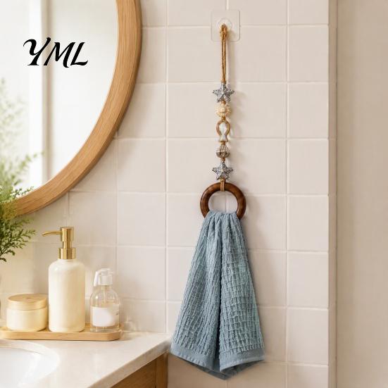 Decorative Wood Bead Towel Hanger Beaded Hanger, Bohemian Wall Mounted Ring Hand Pastoral Style Organizer Holder, Hemp Rope Storage Rack for Bathroom