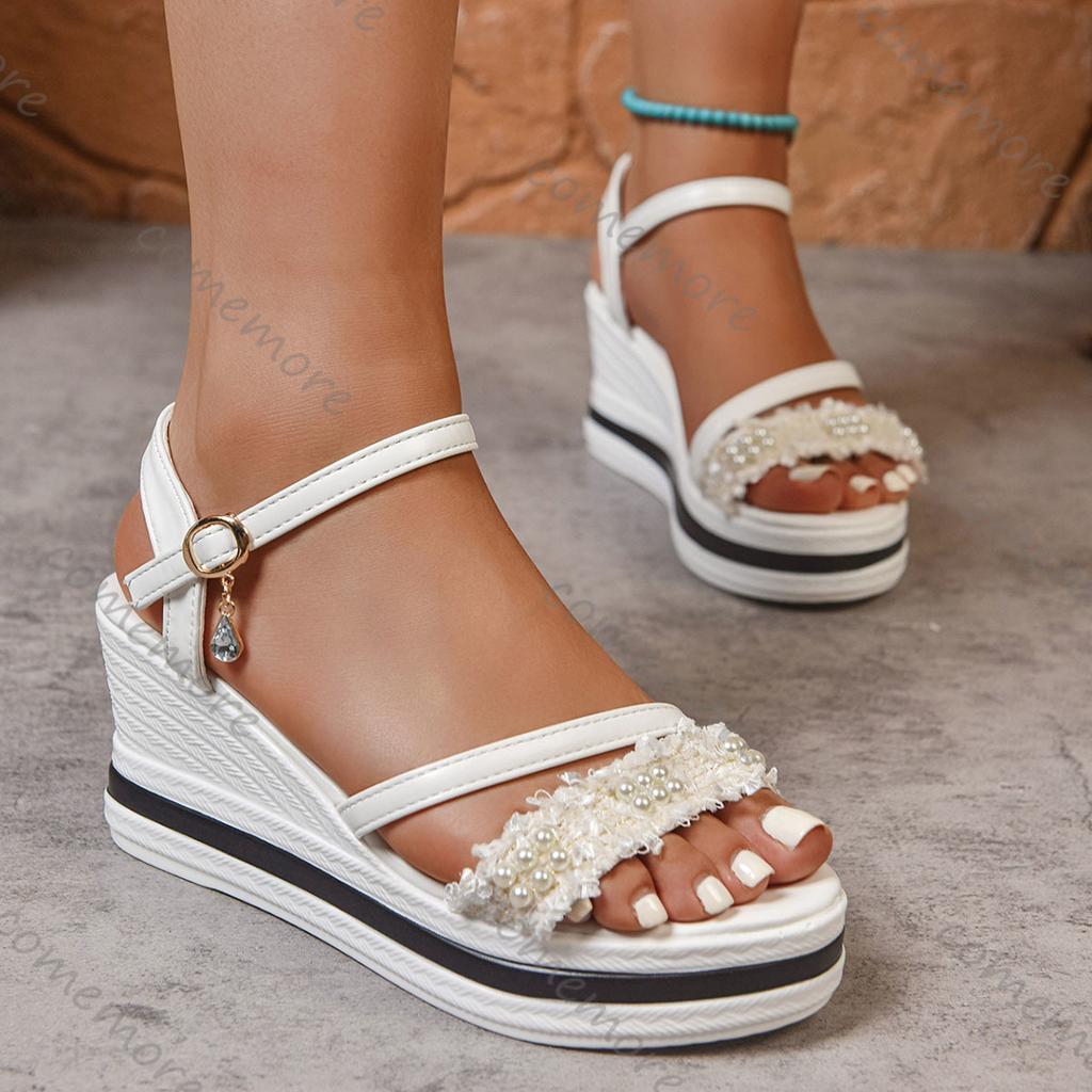 Comemore Summer New Roman Style Sandals Large Size Pearl Decoration Wedges Thick Bottom Casual Heeled Sandales Women's Shoes