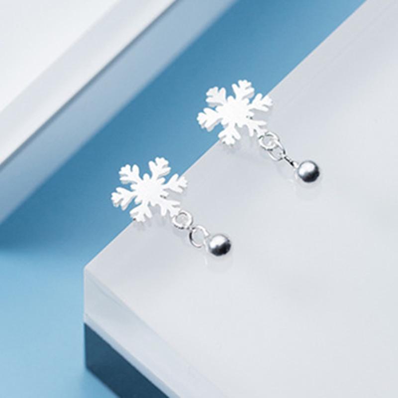 Snowflake Silver Plated Stud Earrings - Korean Mori Style, Light Bead Design, Perfect for Christmas
