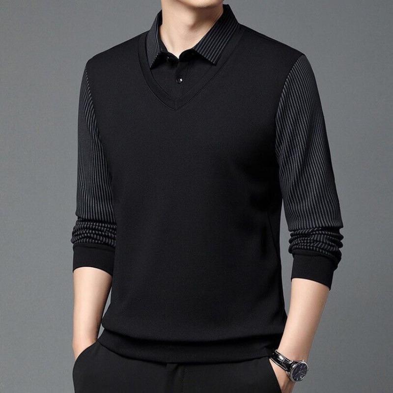 

Autumn Winter Stripe Men T Shirts Long Sleeve Turn Down Collar Fake Two Pieces Casual Shirt Outdoor Business Men Tops 4XL чёрный
