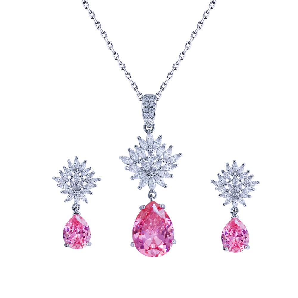 Wunderschönes Schmuckset mit Halskette und Ohrringen aus Zirkonia im Birnenschliff, Verlobungs-Schmuckset mit rosa Anhänger für Damen, Tägliche Wear Accessoires