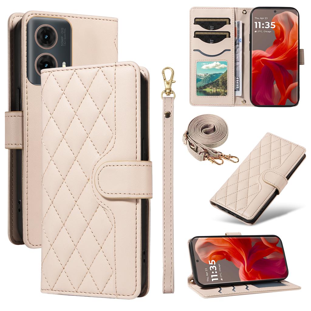 For Motorola Edge 50 Fusion 5G Case Wallet Rhombus Leather Phone Cover with Shoulder Strap,Wrist Strap