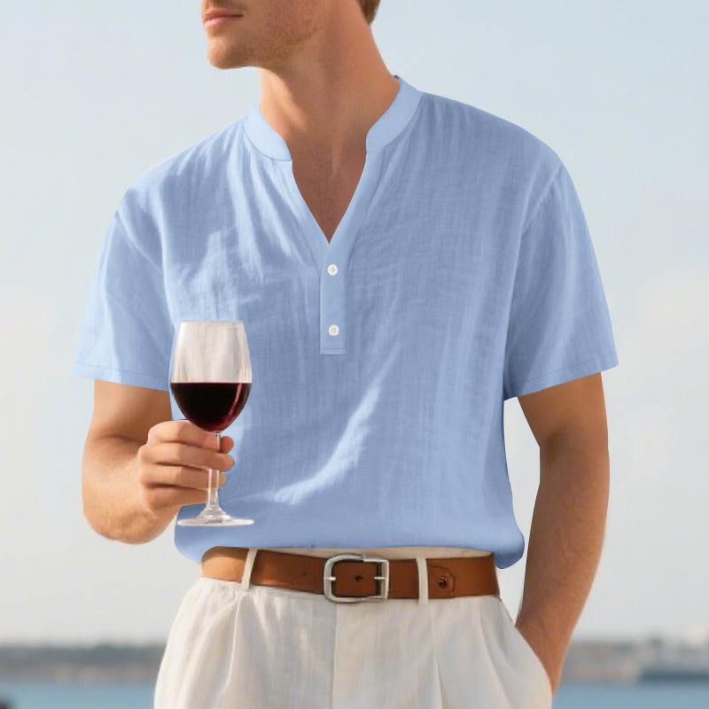 

Summer European and American Men s Casual Loose Shirt Casual Stand-up Collar Button-down Linen Short Sleeves XXXL