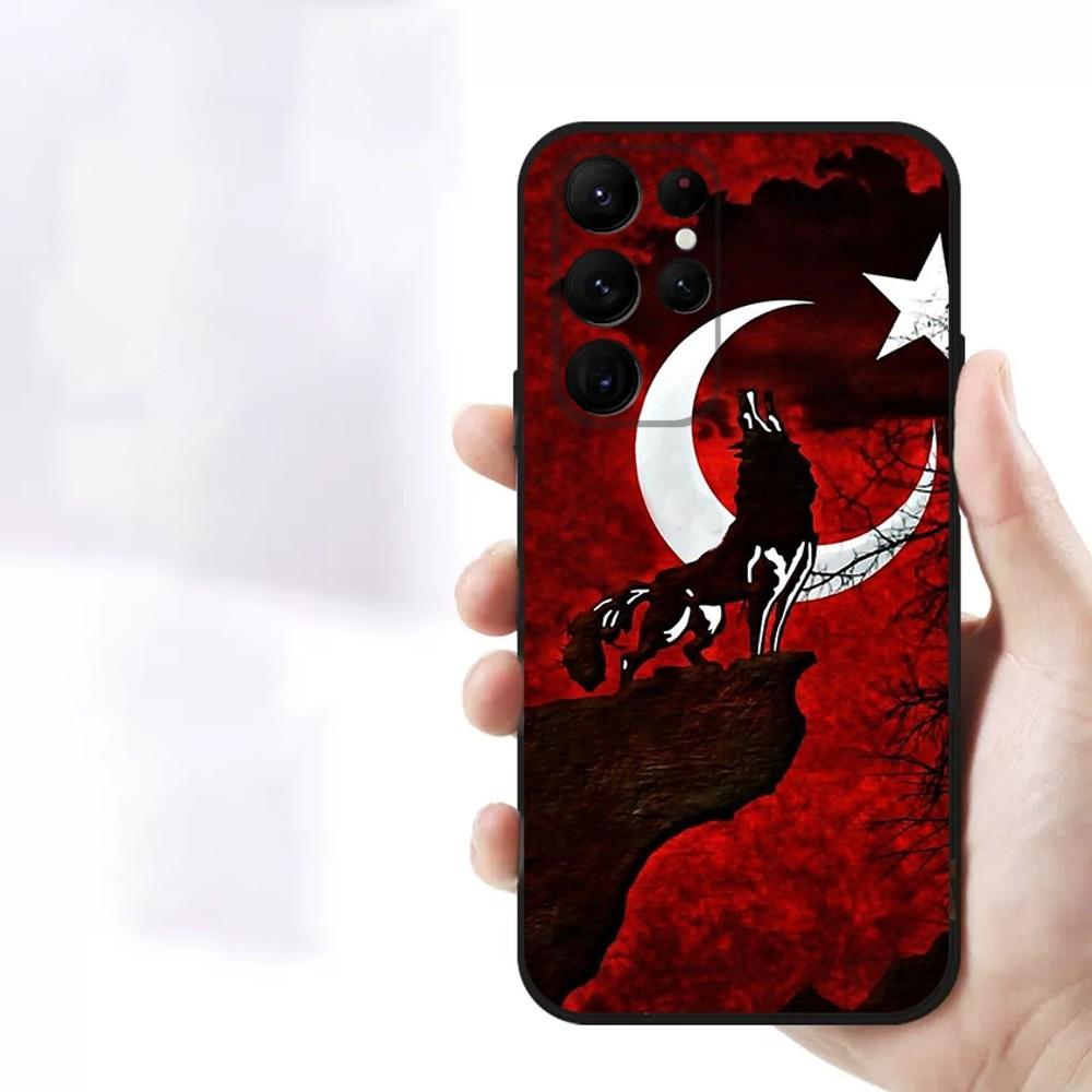 Turk Wolf Turkey Flag Phone Case For Samsung S23,23,22,30,21,10,9,Note20 Ultra,Lite,Ultra,5G,Plus,FE,Black Soft Case