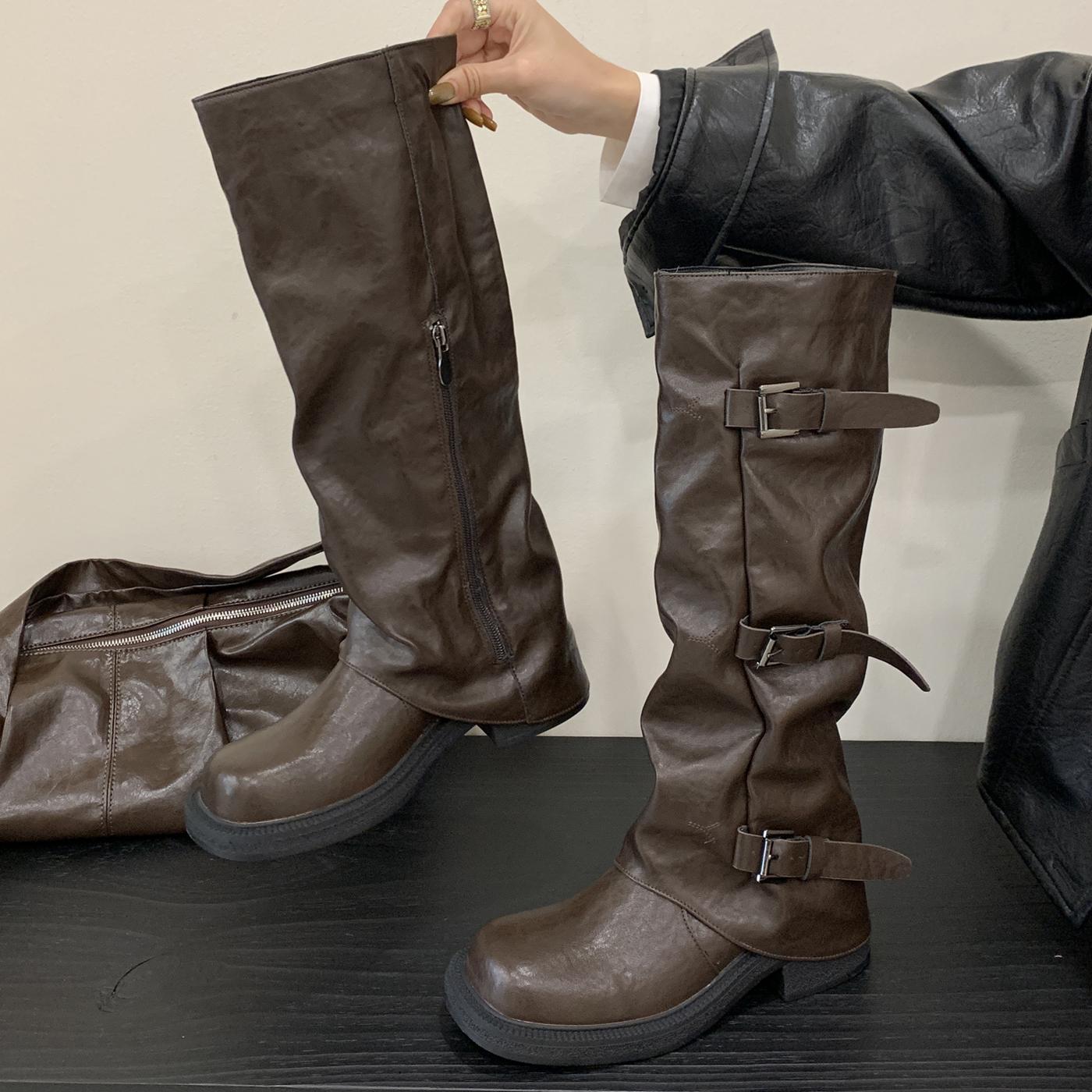 

Eilyken Winter Vintage Round Toe Square Heels Women Knee High Boots Designer Narrow Band Belt Buckle Comfortable Shoes 40