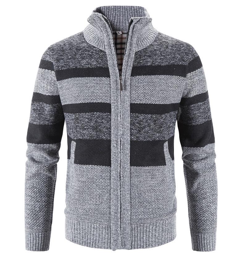 2024 Men's Stand Collar Color Block Plus Velvet Thick Sweater Jacket, Autumn/Winter Collection