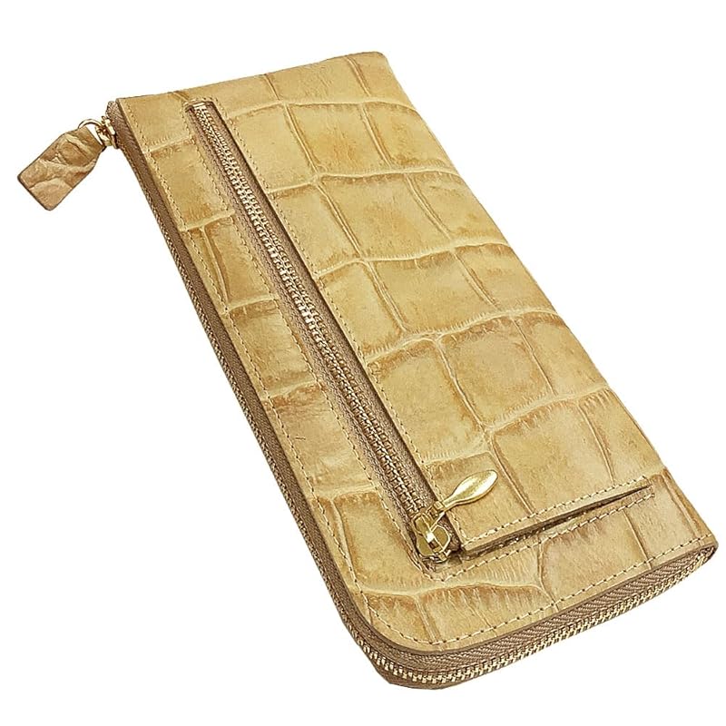 

[HARUBE] Kyoto Naniwaya cowhide crocodile Embossed L-shaped zipper Thin large capacity long wallet unisex men s ladies Croco #83-236 G. Coast” (Sand