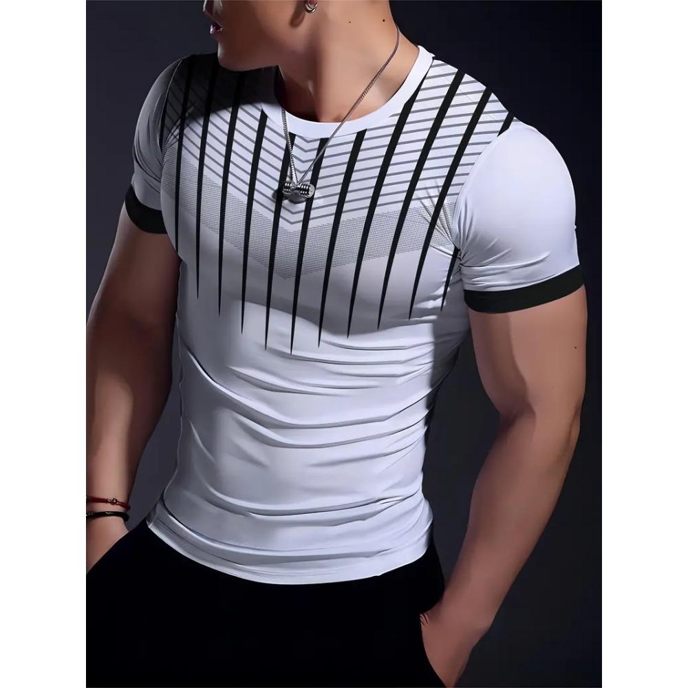 Simple Striped 3D Printed Men's Round Neck Short Sleeve Outdoor Casual Breathable Sweat Absorbent Men's Top Fashion And Fashion