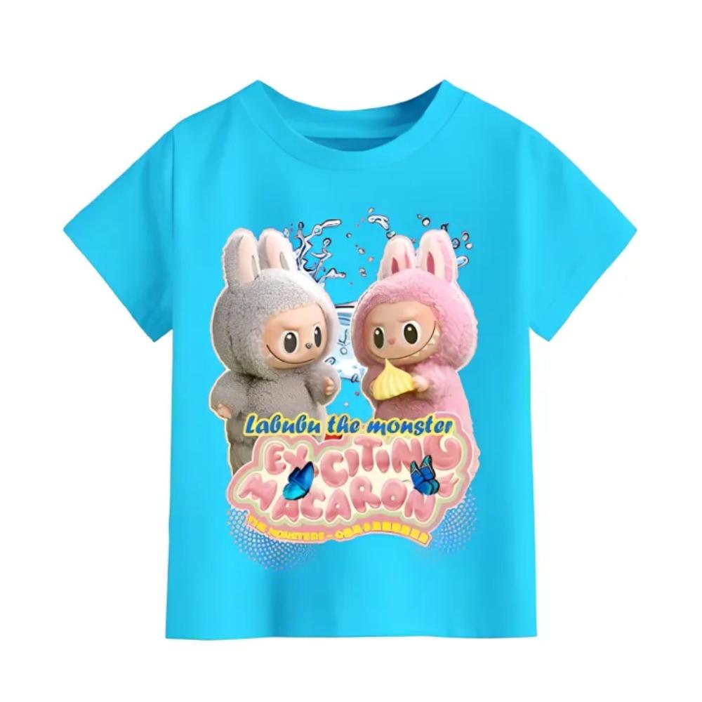 

Летняя детская футболка с рисунком LABUBU, мультяшным принтом Labubu, для девочки, с круглым вырезом, с коротким рукавом, повседневный детский топ 100