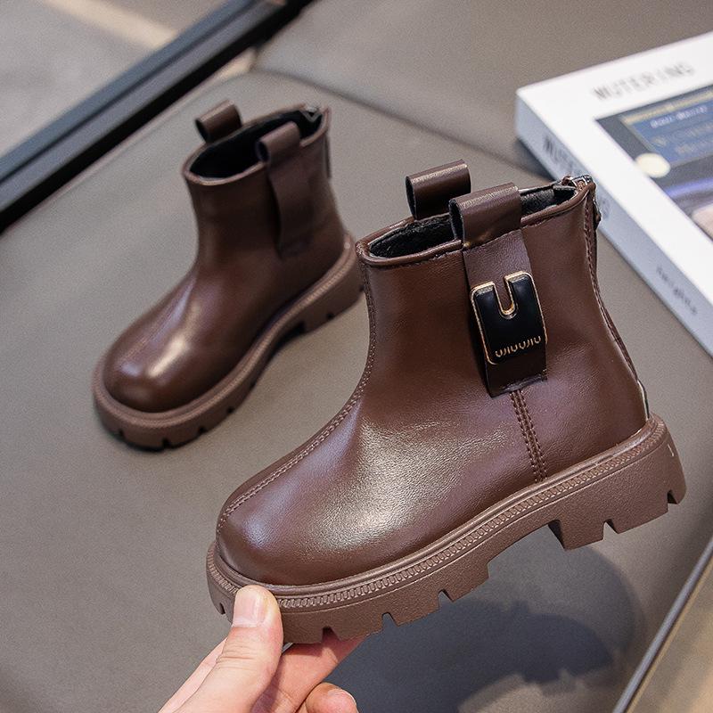 Kinder Herbst/Winter 2025 Schwarze Leder-Knöchelstiefel - Jungen & Mädchen Britischer Stil