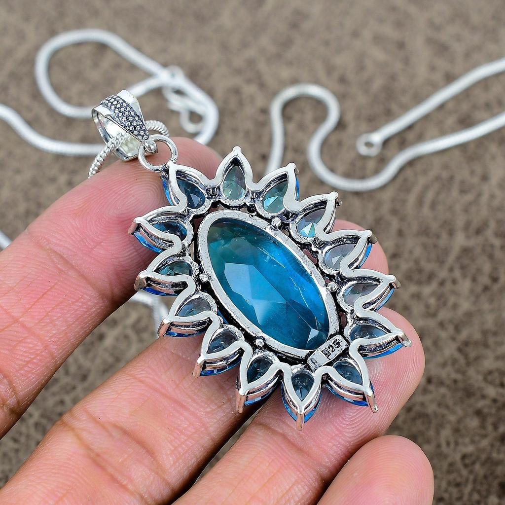 Blue Topaz Gemstone Handmade 925 Sterling Silver Jewelry Pendant 2.48" KKG-287