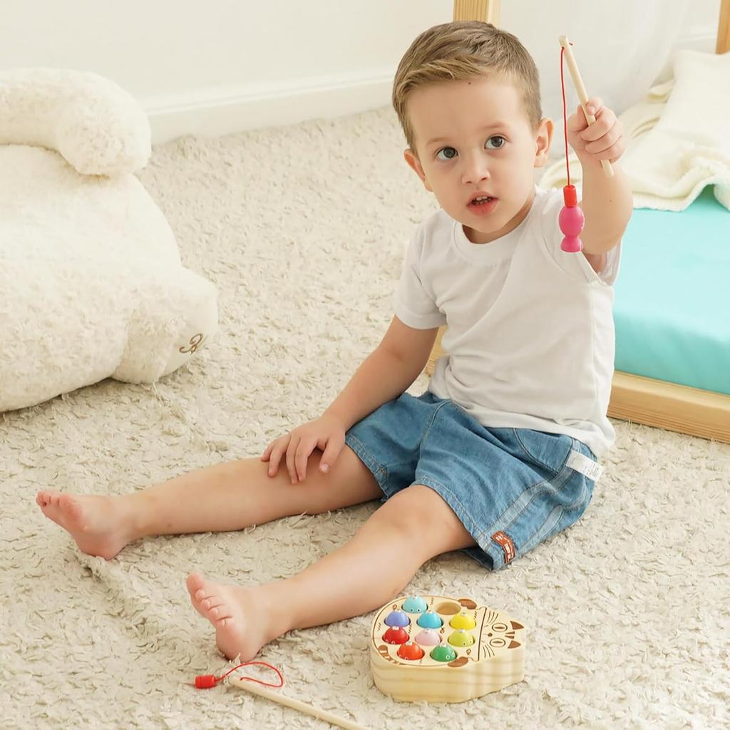 Montessori Magnetic Wooden Fishing Game for Toddlers 1-3 Years Old,Fine Motor Skills Early Learning Eyes Hands Cooperation Toy for Boys & Girls Great