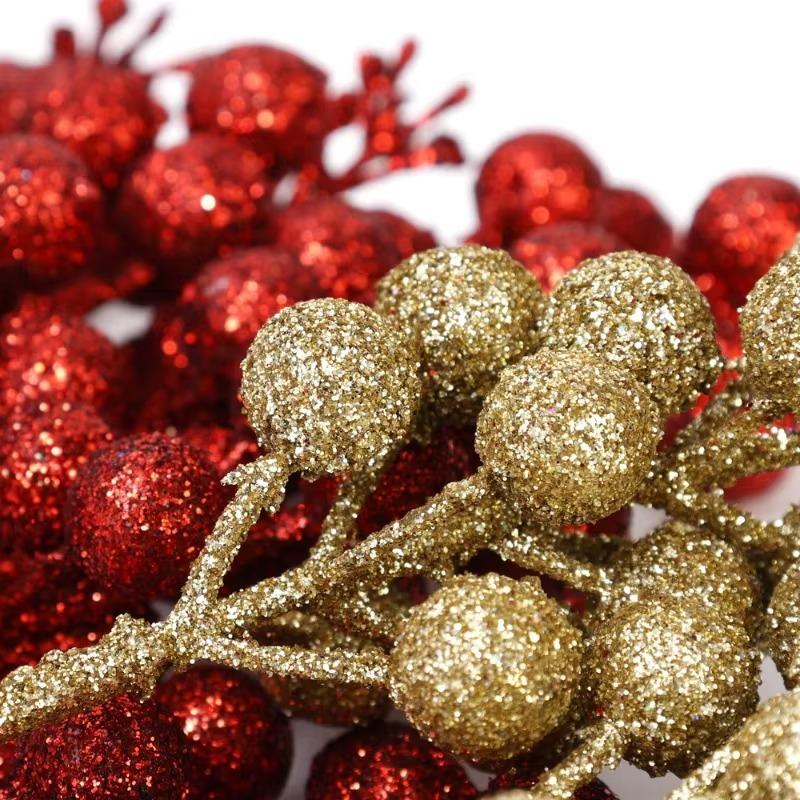 New Glitter Berries Branches Christmas Artificial Gold Powder Holly Berry Branch Xmas Party Fake Flowers Ornaments Home Decor