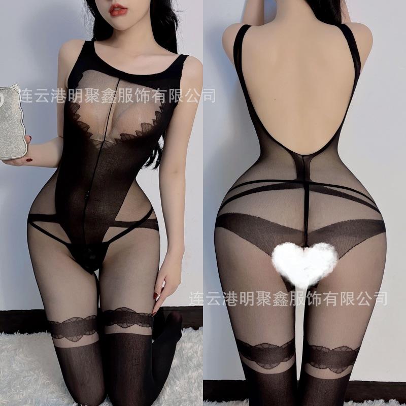 Sexy lingerie one-piece stockings mesh sexy black silk perspective seduction crotch passion free bed large size