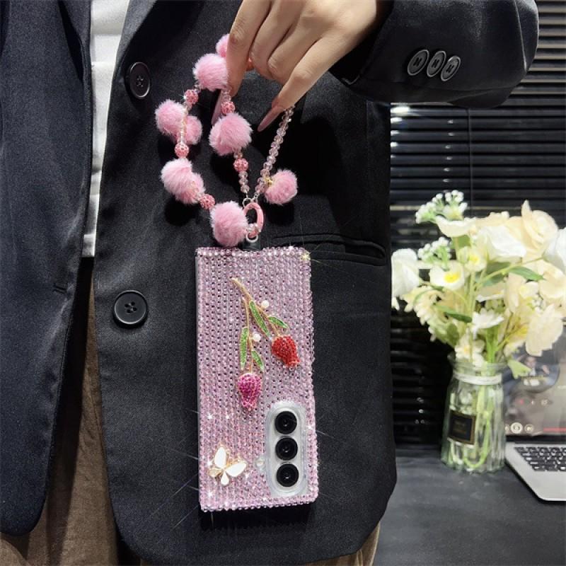 Luxury 3D Rhinestone Butterfly Rose Phone Case Galaxy Z Fold 7 6 5 4 3 Full Cover Acrylic Handmade