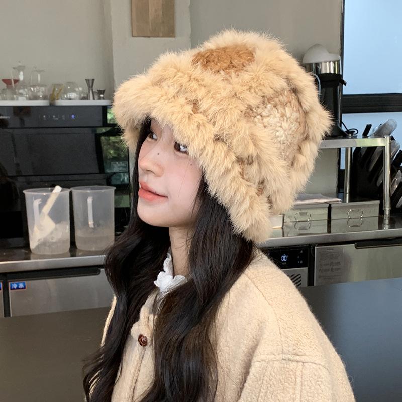 Real Rabbit Fur Hat Female Winter Warm Hairy Lion Hat Versatile Face Small Knitted Wool Hat Plush Cold Hat