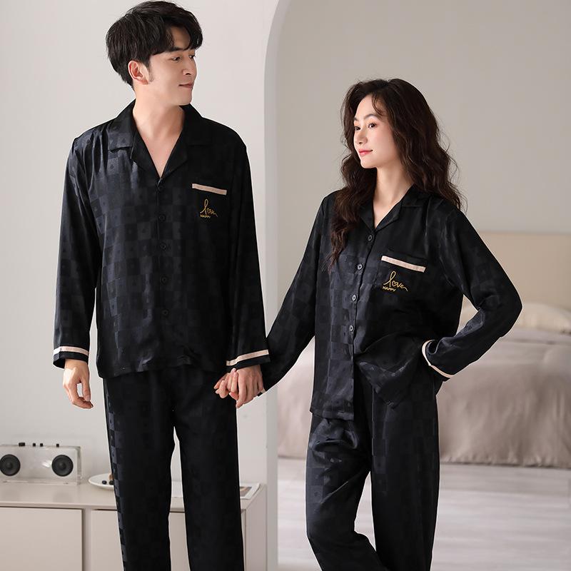 Ice Silk Pajamas Women With Chest Pads Women'S Loungewear Suit Summer Silk Couple Long Sleeves Women'S Summer Men'S