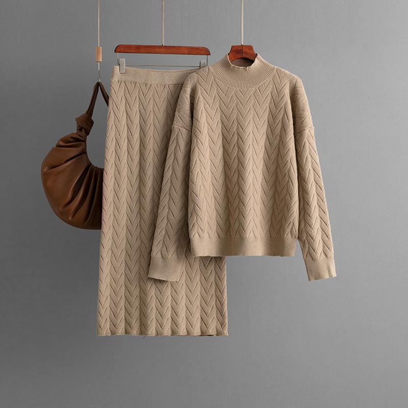 Autumn and winter new jacquard semi-turtleneck long-sleeved knitted sweater pullover + skirt two-piece set