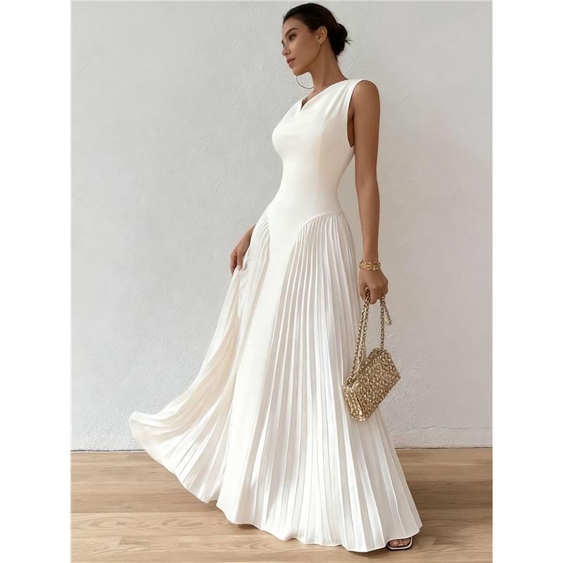 Women V‑Neck Sleeveless Pleated Maxi Evening Gown Elegant Slim Long Dress Formal Wedding Guest Cocktail Party Floor‑Length Dress