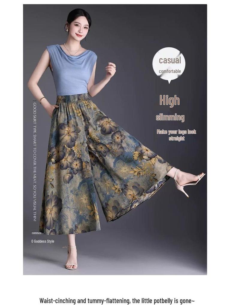 Plus-Size Ink Painting High-Waist A-Line Ice Silk Skirt Pants - Thin, Loose, Versatile Style for Women