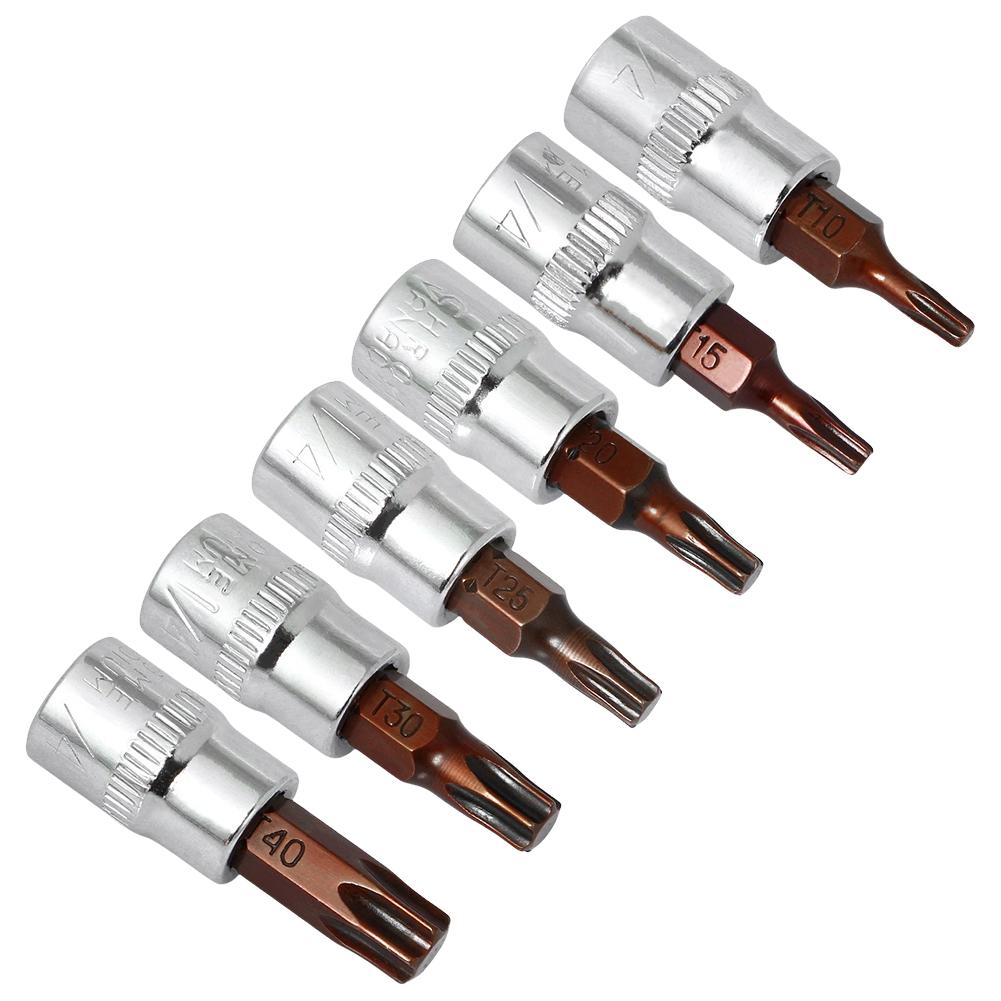6Pcs Torx Screwdriver Bits 1/4 Inch Drive Socket Head Tools T10 T15 T20 T25 T30 T40 Socket Wrench Adapter Hand Tools Accessories
