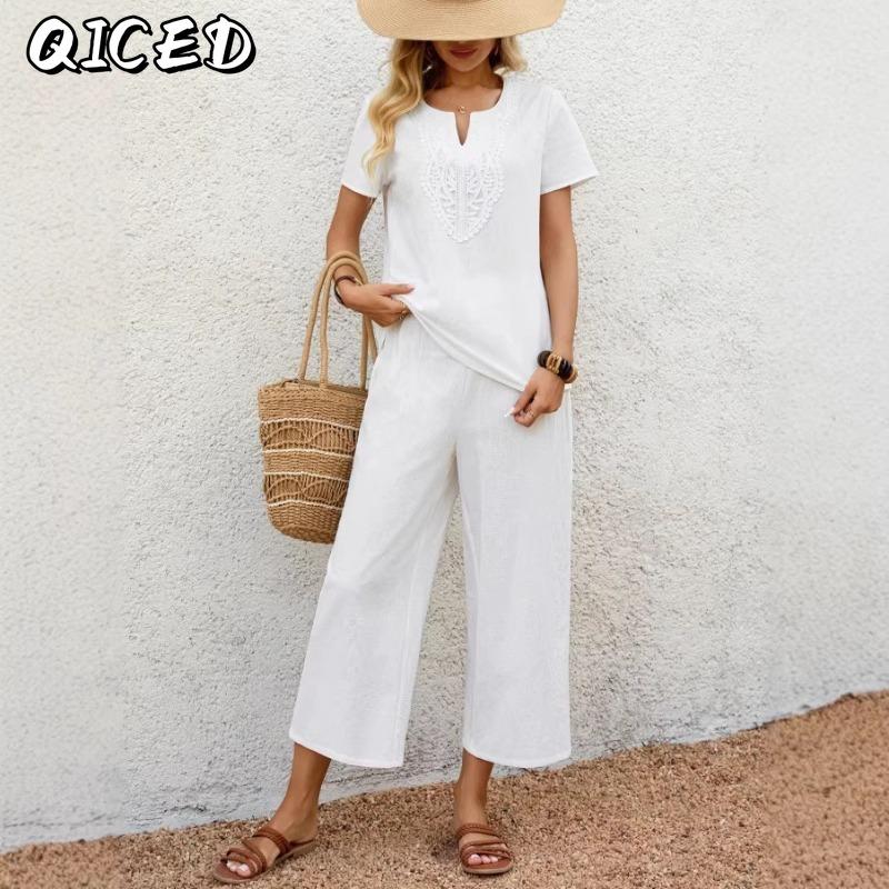 QICED Tute Casual da Donna a Maniche Corte con Scollo a V