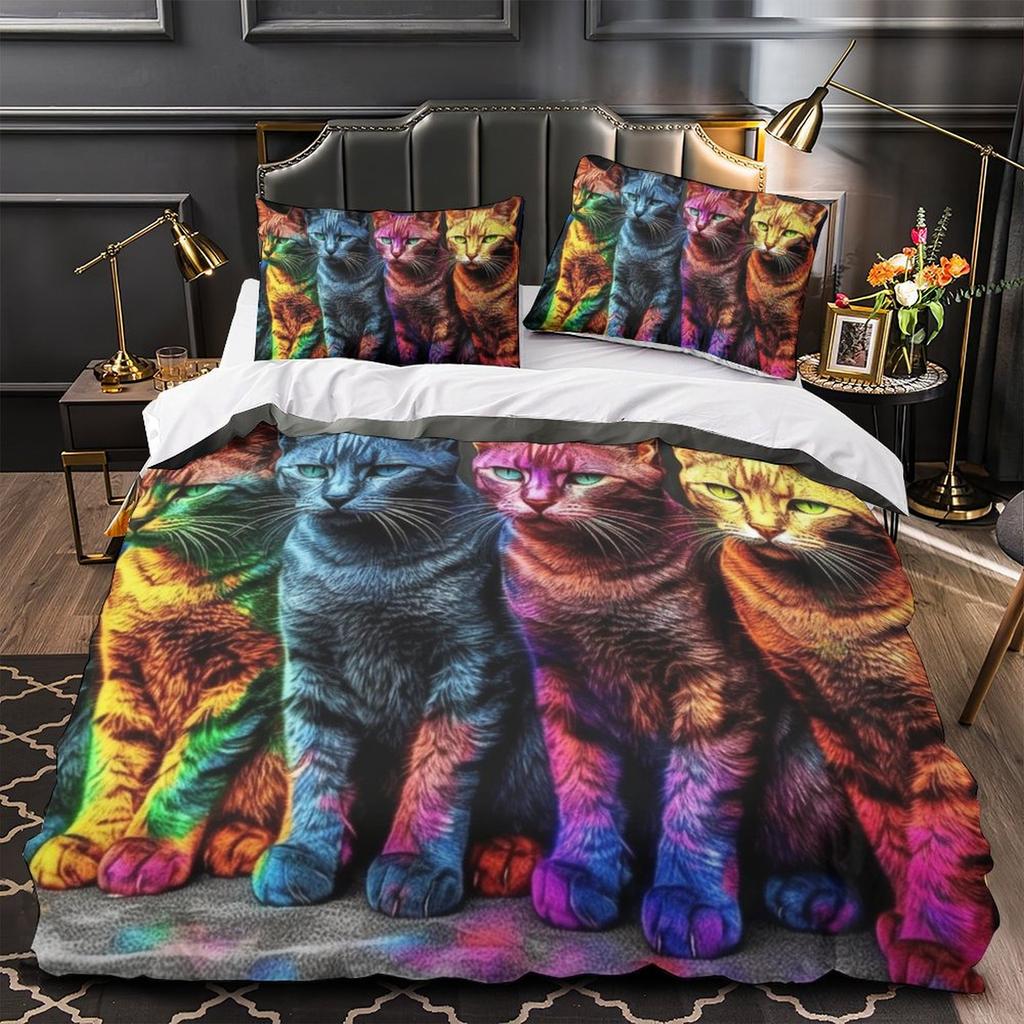 3D Digital Printing Color Cat Series Quilt Cover Pillowcase Two Or Three-Piece Set Polyester Abraded