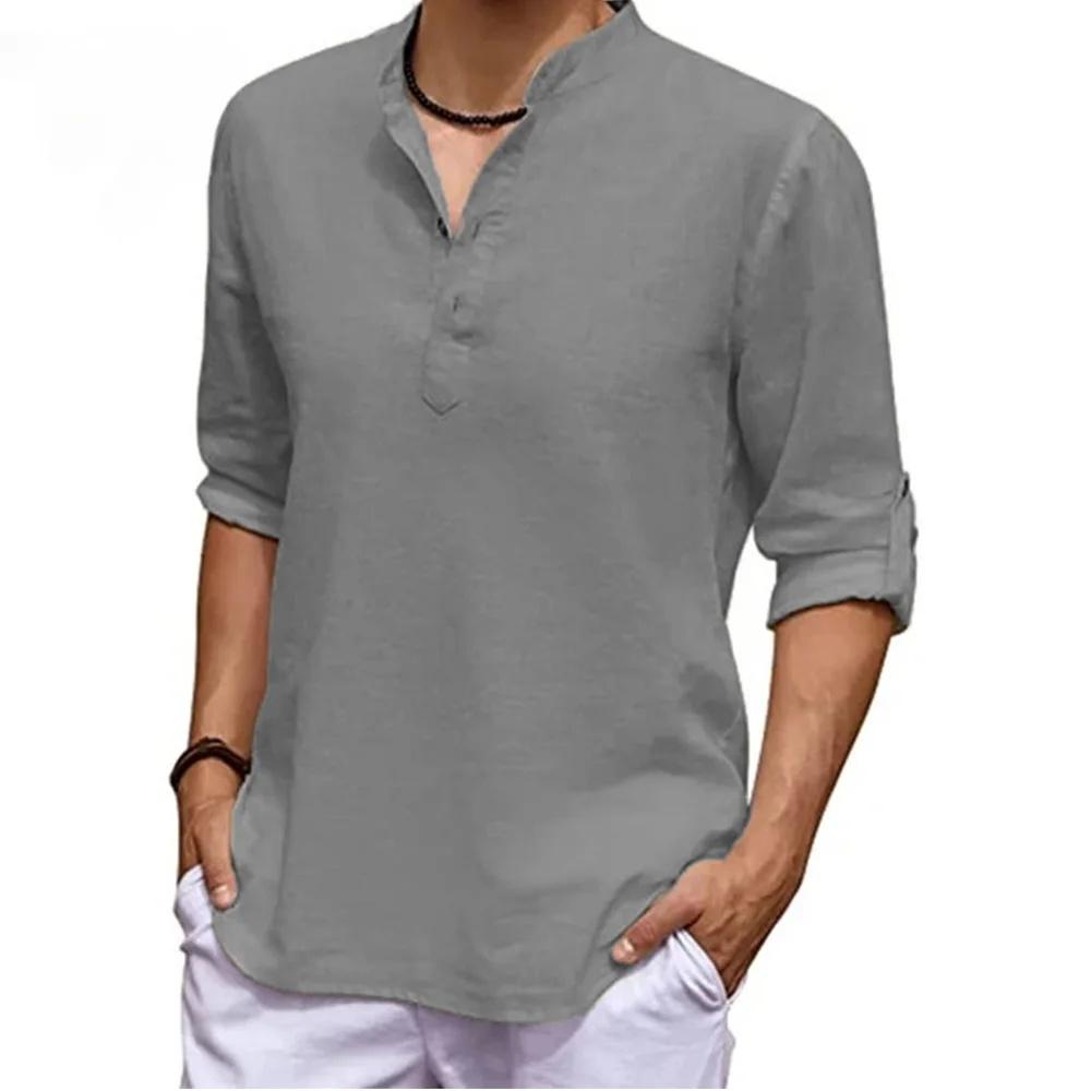 Men's Casual Shirts Solid Color Soft Comfortable Thin Tops Breathable Loose Fashion Button Henry Neck Long Sleeve Blouse
