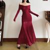Autumn and Winter New Women's Clothing Solid Color Temperament Sexy One-word Collar High Waist Waist Dress Women