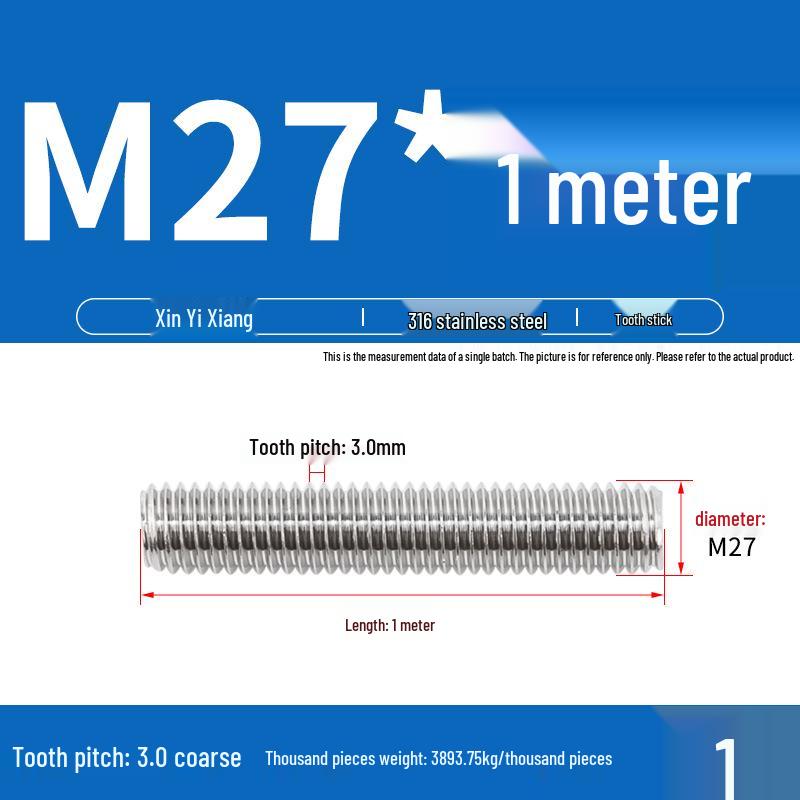 304 Stainless Steel Full Threaded Rod, 1 Meter, available in sizes M3, M6, M8, M10, M12.